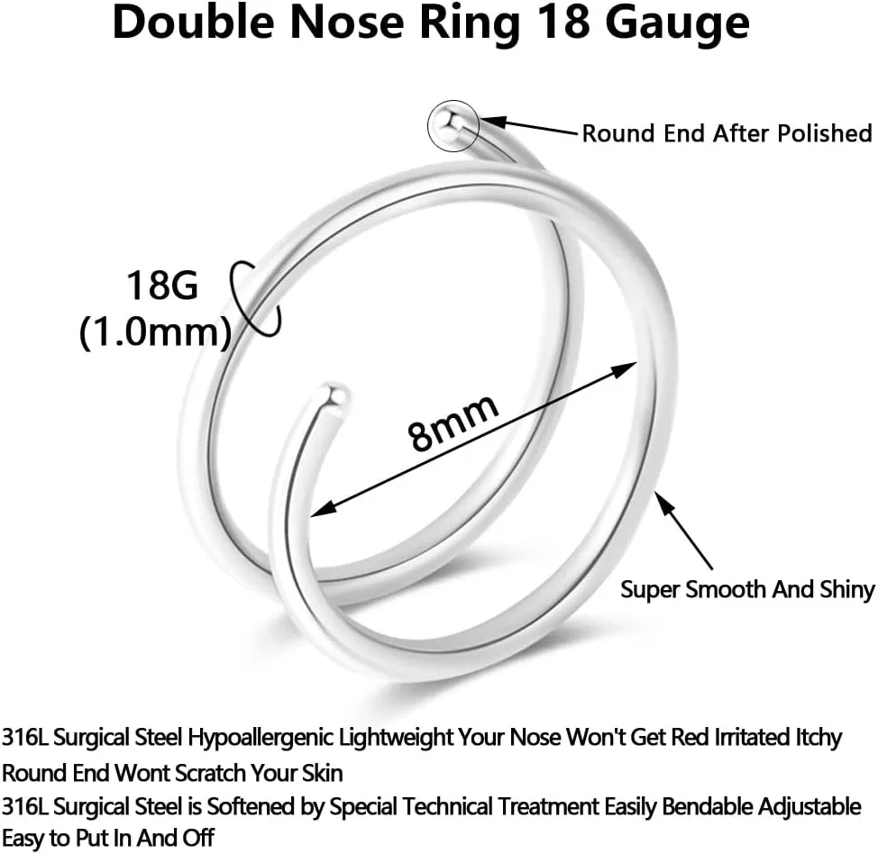 1-15PCS Double Hoop Nose Ring for Single Piercing 18G 20G 22G Spiral Nose Rings Hoops 18 20 22 Gauge Surgical Steel Twist Nose Piercing Jewelry Nostril for Women Girls Men Hypoallergenic Pack Easy Bendable 6mm 8mm 10mm
