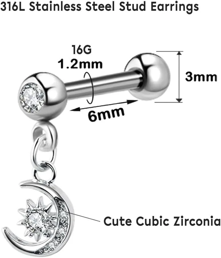 1 Pair 16G Cartilage Stud Earrings for Women Surgical Steel Helix Earrings Dangle Moon Star Butterfly Heart Cross CZ Hypoallergenic Tragus Couch Helix Piercing Jewelry