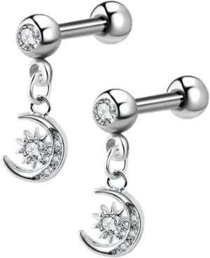 1 Pair 16G Cartilage Stud Earrings for Women Surgical Steel Helix Earrings Dangle Moon Star Butterfly Heart Cross CZ Hypoallergenic Tragus Couch Helix Piercing Jewelry