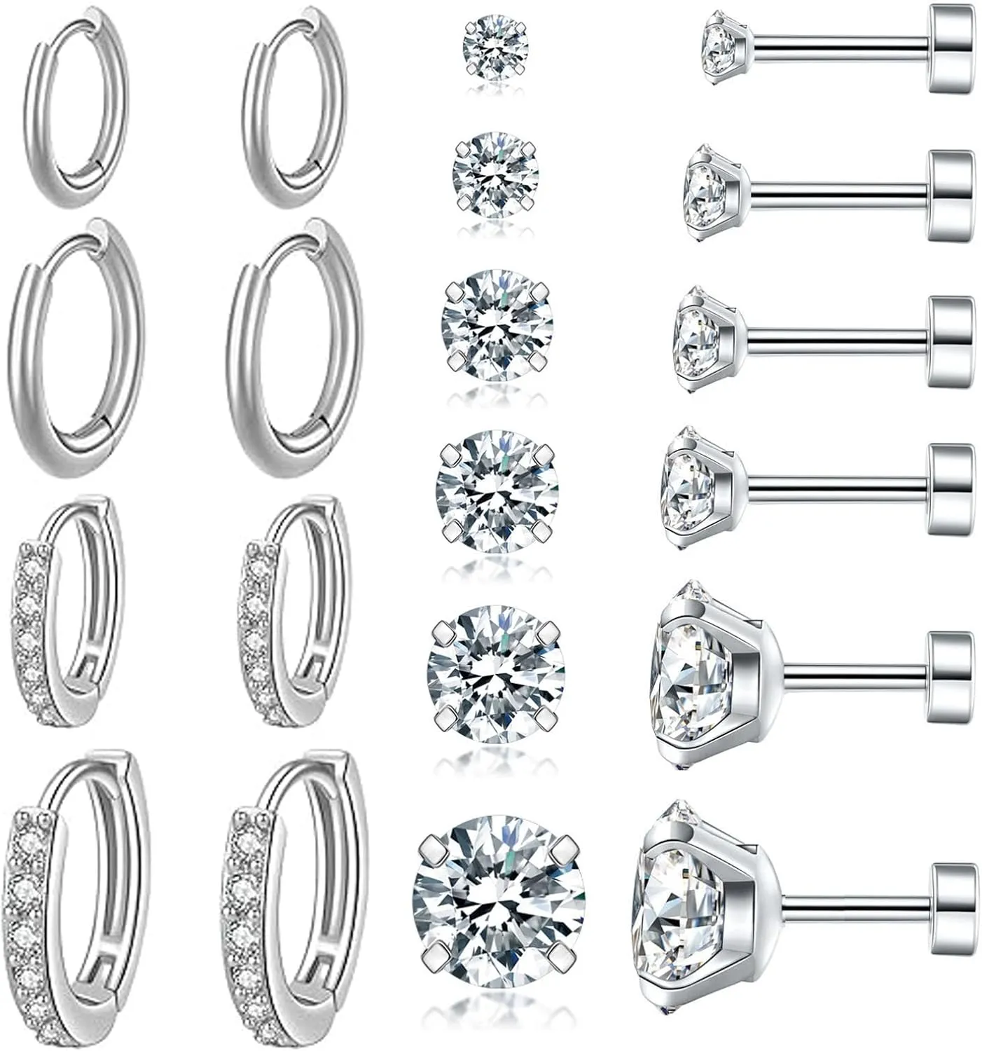 10 Pairs Cut Clear Cubic Zirconia Stud Earrings for Women Studs Hypoallergenic Surgical steel Hoop Earrings 3-8mm