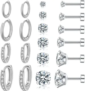 10 Pairs Cut Clear Cubic Zirconia Stud Earrings for Women Studs Hypoallergenic Surgical steel Hoop Earrings 3-8mm