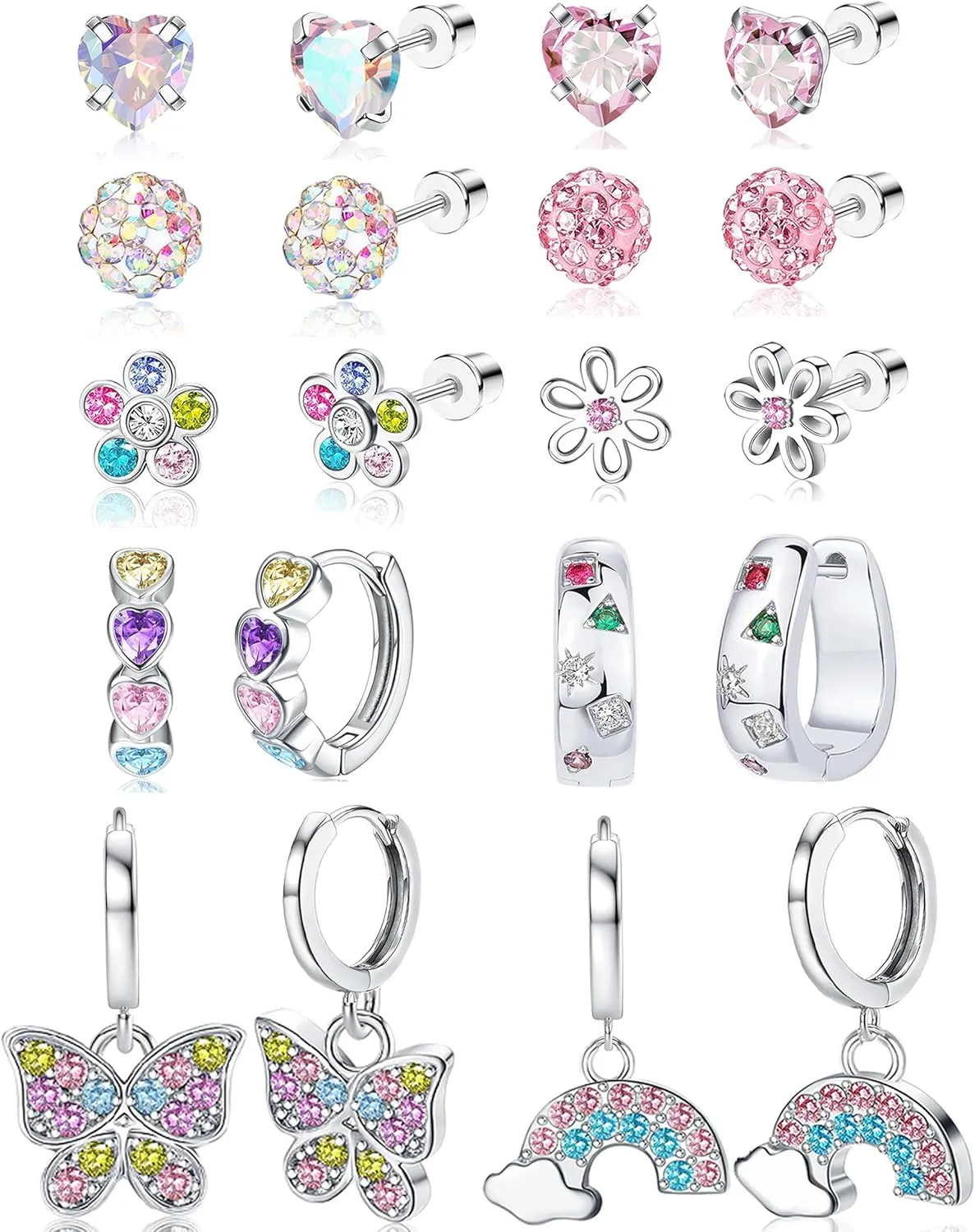10Pairs Hypoallergenic Earrings for Women Surgical Steel Screw Back Stud Earrings Cute Huggie Dangling Colorful CZ Small Hoop Earrings for Sensitive Ears