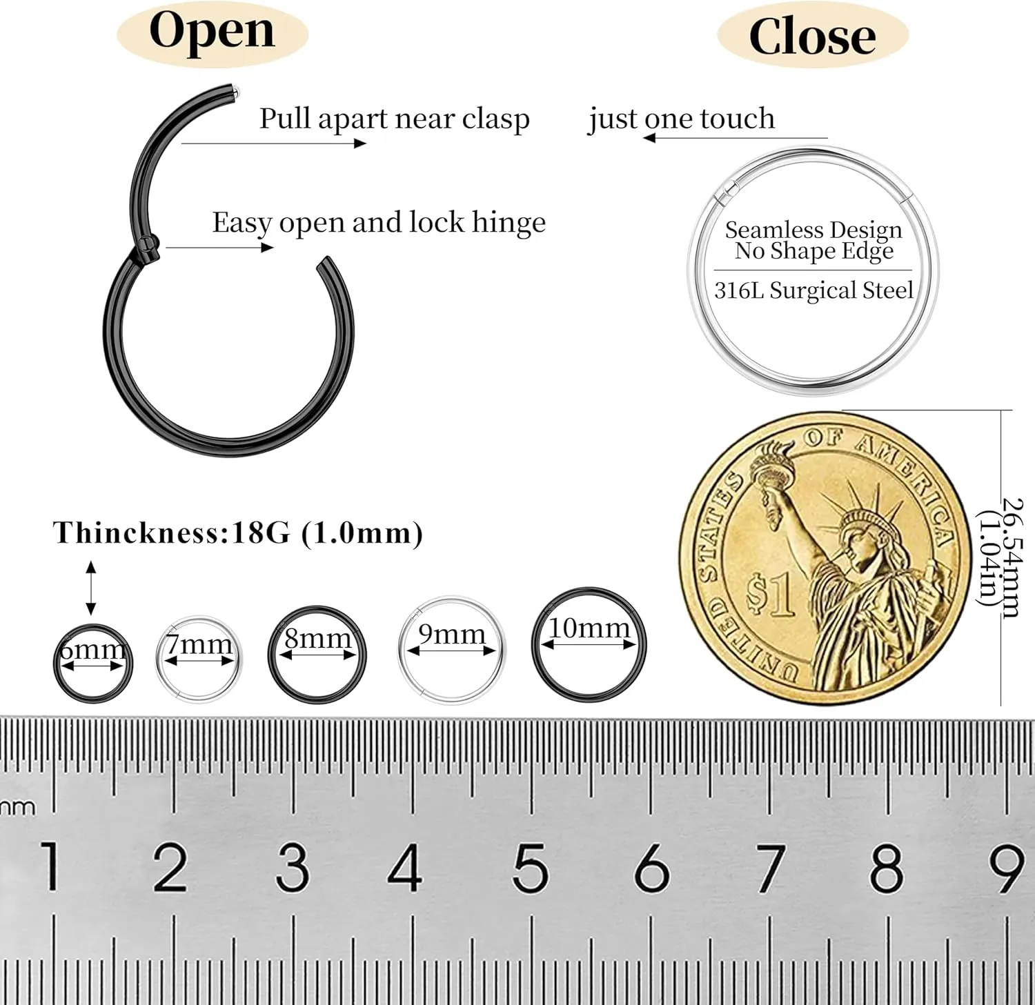 10Pcs 18G 20G Surgical Steel Nose Rings Hoops for Women Men Hinged Seamless Clicker Nose Hoops Cartilage Helix Tragus Daith Sleeper Earrings Hoop Hypoallergenic Nose Piercing 6/7/8/9/10MM