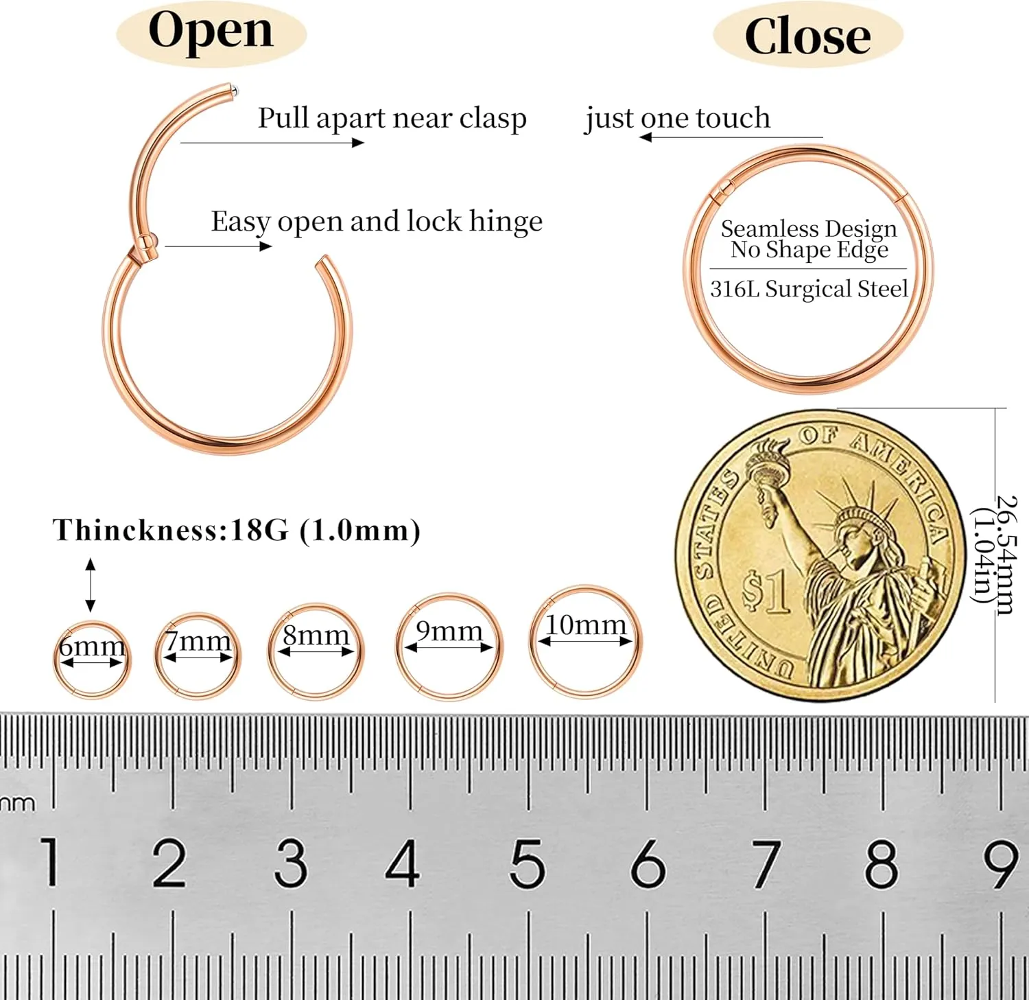10Pcs 18G 20G Surgical Steel Nose Rings Hoops for Women Men Hinged Seamless Clicker Nose Hoops Cartilage Helix Tragus Daith Sleeper Earrings Hoop Hypoallergenic Nose Piercing 6/7/8/9/10MM