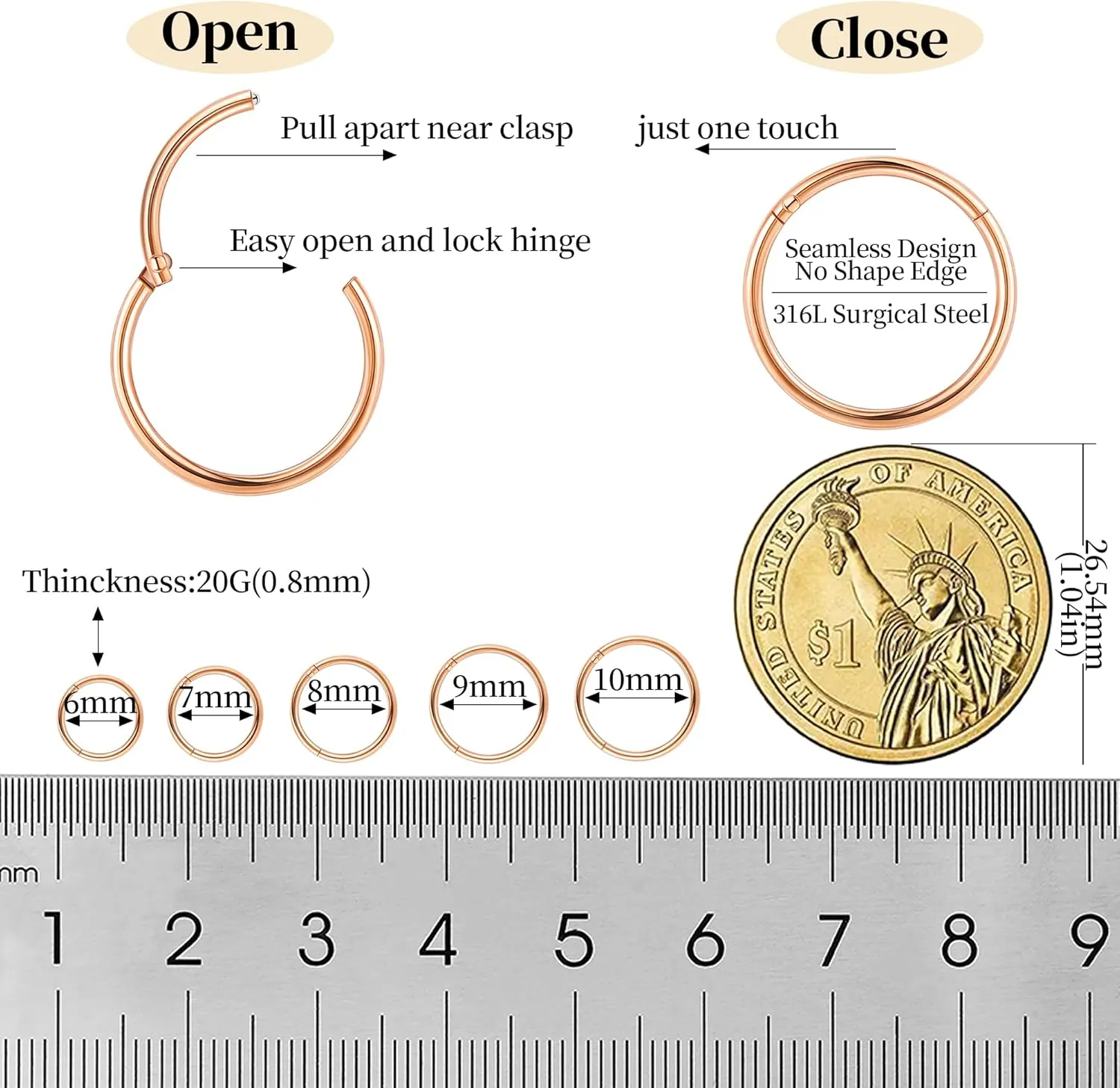 10Pcs 18G 20G Surgical Steel Nose Rings Hoops for Women Men Hinged Seamless Clicker Nose Hoops Cartilage Helix Tragus Daith Sleeper Earrings Hoop Hypoallergenic Nose Piercing 6/7/8/9/10MM