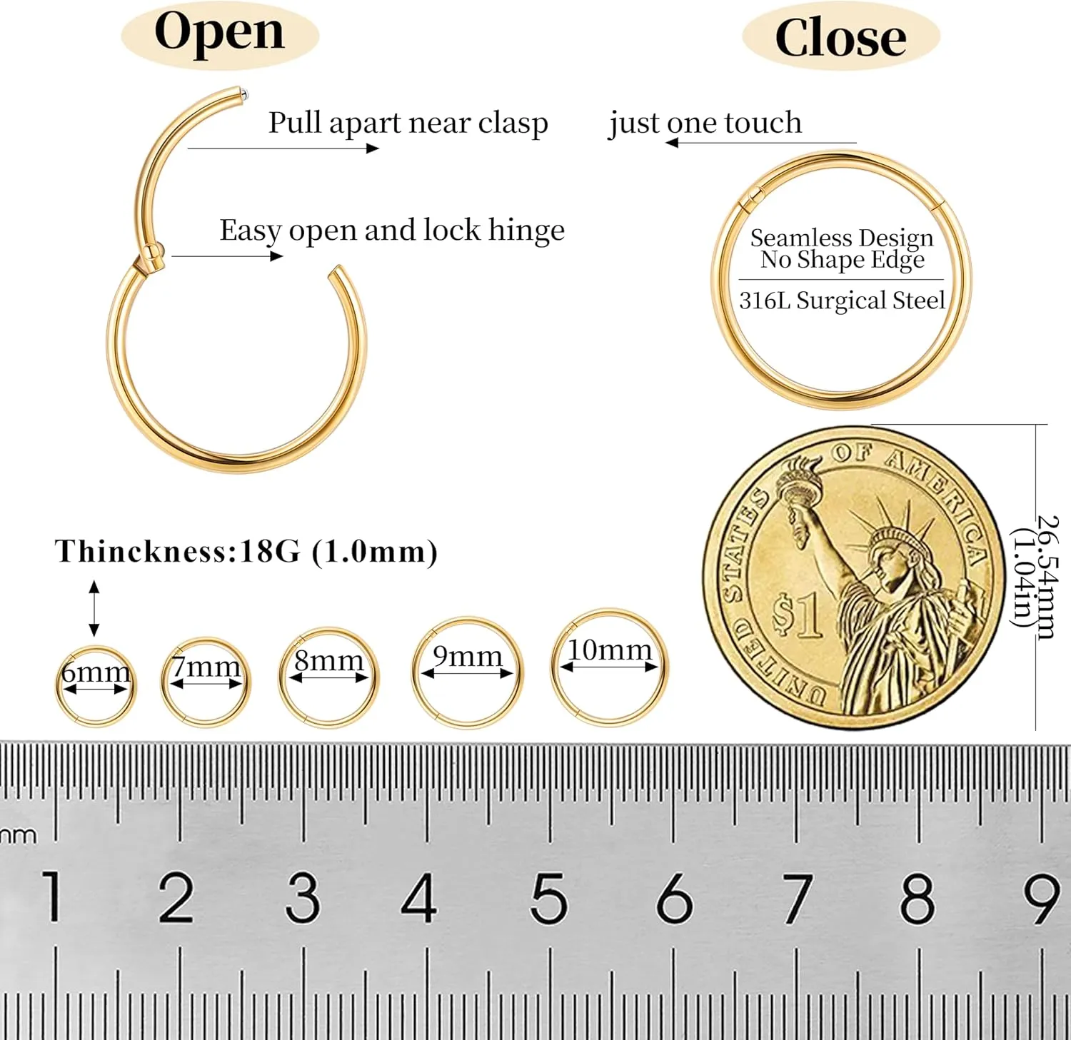 10Pcs 18G 20G Surgical Steel Nose Rings Hoops for Women Men Hinged Seamless Clicker Nose Hoops Cartilage Helix Tragus Daith Sleeper Earrings Hoop Hypoallergenic Nose Piercing 6/7/8/9/10MM