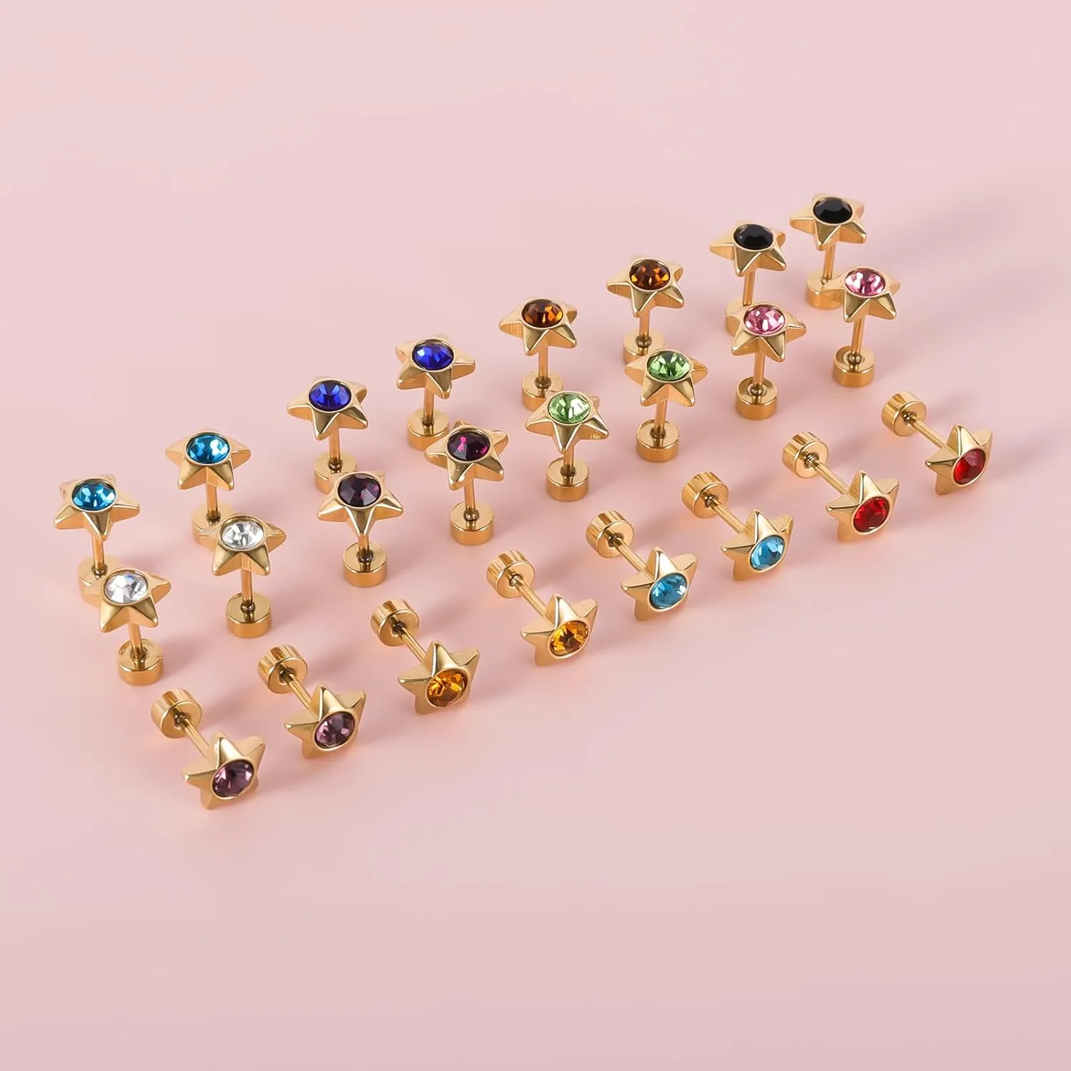 12 Pairs Surgical Stainless Steel Flat Back Birthstone Cubic Zirconia Stud Earrings, Gold Plated Screw Back Round Star Heart Flower Hexagon Triangle CZ Stud Earrings Set