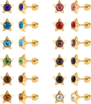 12 Pairs Surgical Stainless Steel Flat Back Birthstone Cubic Zirconia Stud Earrings, Gold Plated Screw Back Round Star Heart Flower Hexagon Triangle CZ Stud Earrings Set