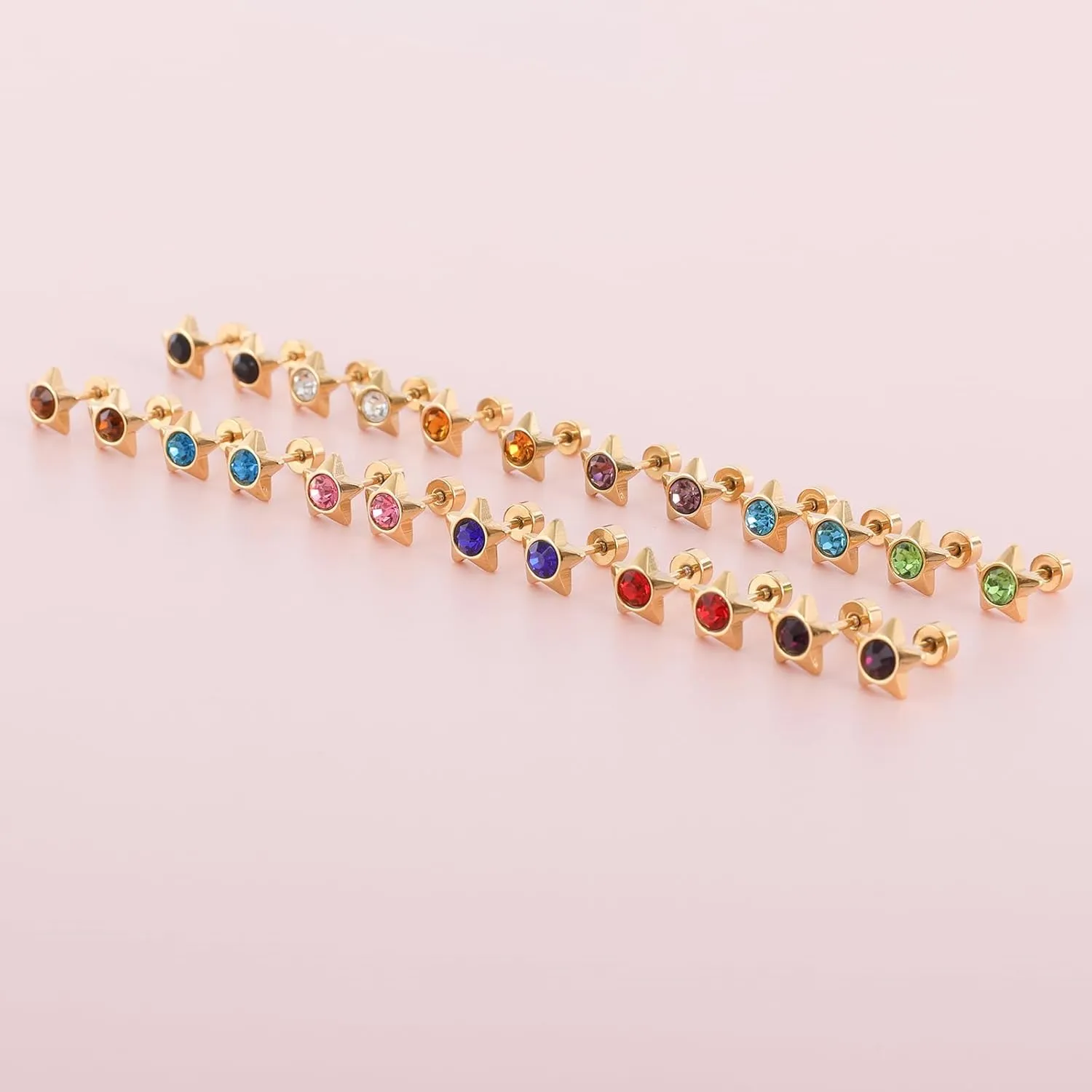12 Pairs Surgical Stainless Steel Flat Back Birthstone Cubic Zirconia Stud Earrings, Gold Plated Screw Back Round Star Heart Flower Hexagon Triangle CZ Stud Earrings Set