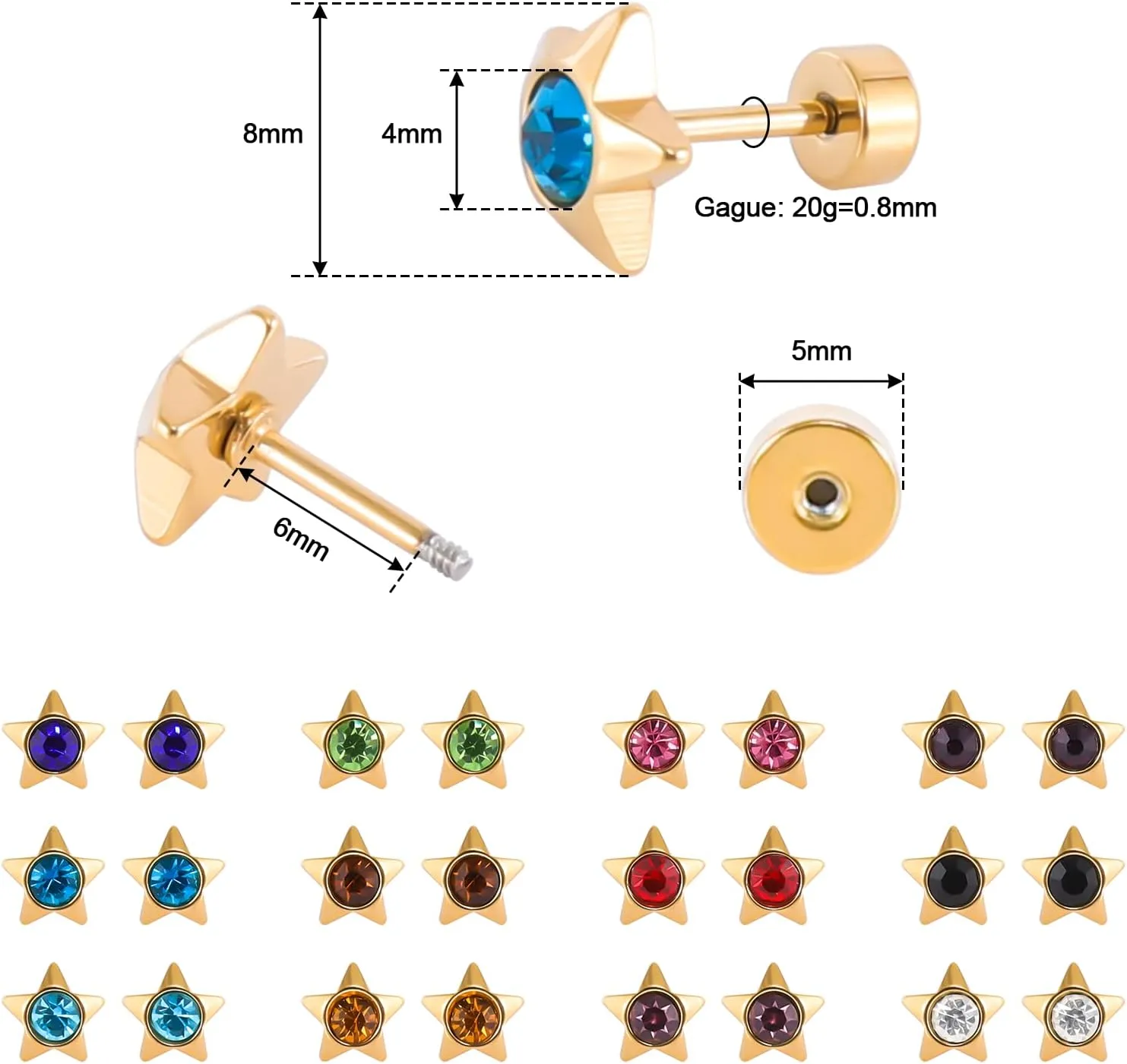 12 Pairs Surgical Stainless Steel Flat Back Birthstone Cubic Zirconia Stud Earrings, Gold Plated Screw Back Round Star Heart Flower Hexagon Triangle CZ Stud Earrings Set