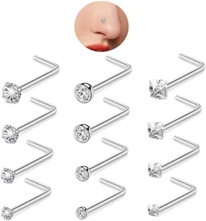 12Pcs Nose Rings Studs 20G Surgical Stainless Steel Straight L Shaped Screw Nose Studs Piercing Pin Body Jewelry for Women Men 1.5mm 2mm 2.5mm 3mm