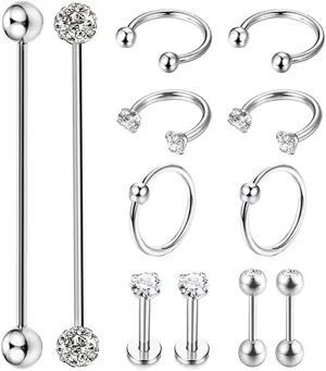12Pcs Stainless Steel Industrial Barbell Cartilage Piercing Earrings for Women Men Hoop Helix Tragus Labret Piercing