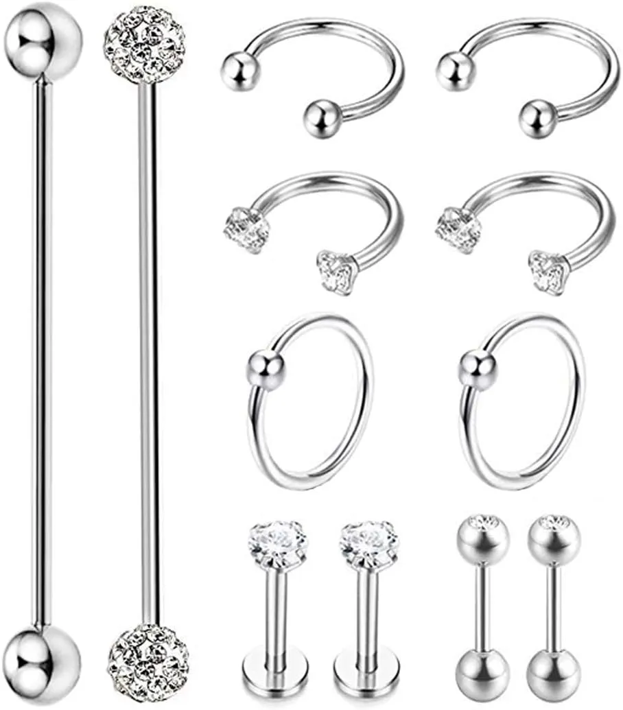 12Pcs Stainless Steel Industrial Barbell Cartilage Piercing Earrings for Women Men Hoop Helix Tragus Labret Piercing