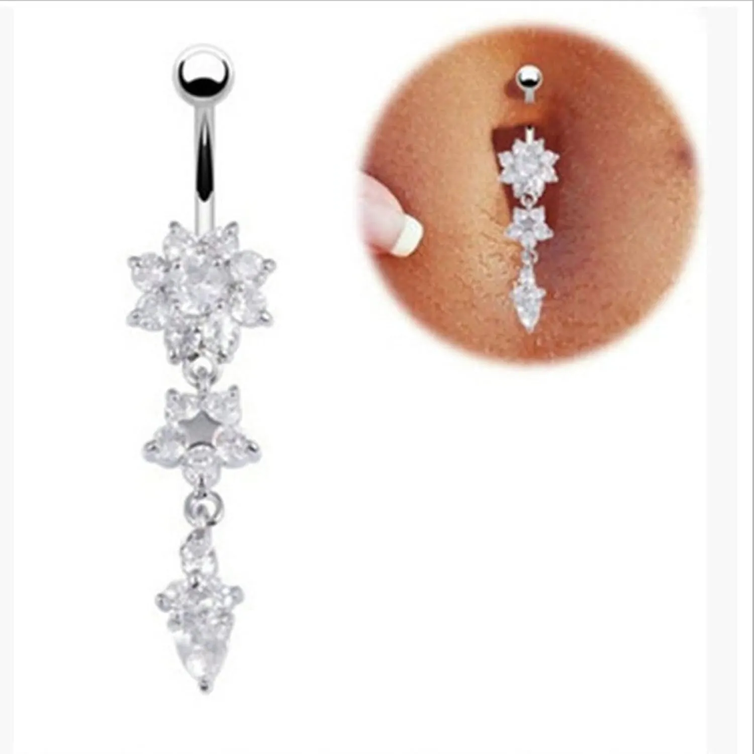 14G Belly Button Rings, Belly Button Rings Dangle Stainless Steel Belly Button Rings Flower with Cubic Zirconia Belly Button Piercing Jewelry