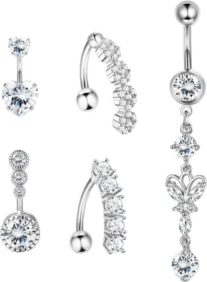 14G Cubic Zirconia Belly Button Ring Stainless Steel Belly Rings for Women Opal Crystal Navel Rings Barbells Dangle Flower Belly Piercing Jewelry