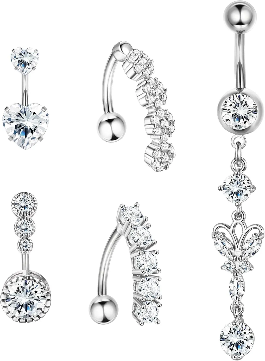 14G Cubic Zirconia Belly Button Ring Stainless Steel Belly Rings for Women Opal Crystal Navel Rings Barbells Dangle Flower Belly Piercing Jewelry