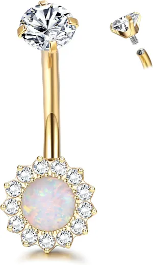 14G Titanium Belly Button Ring for Women AAAAAA Cubic Zirconia Belly Button Rings Flower Opal 10mm Gold Plated Belly Ring Halo Internally Threaded Navel Body Belly Piercing (Gold Opal)