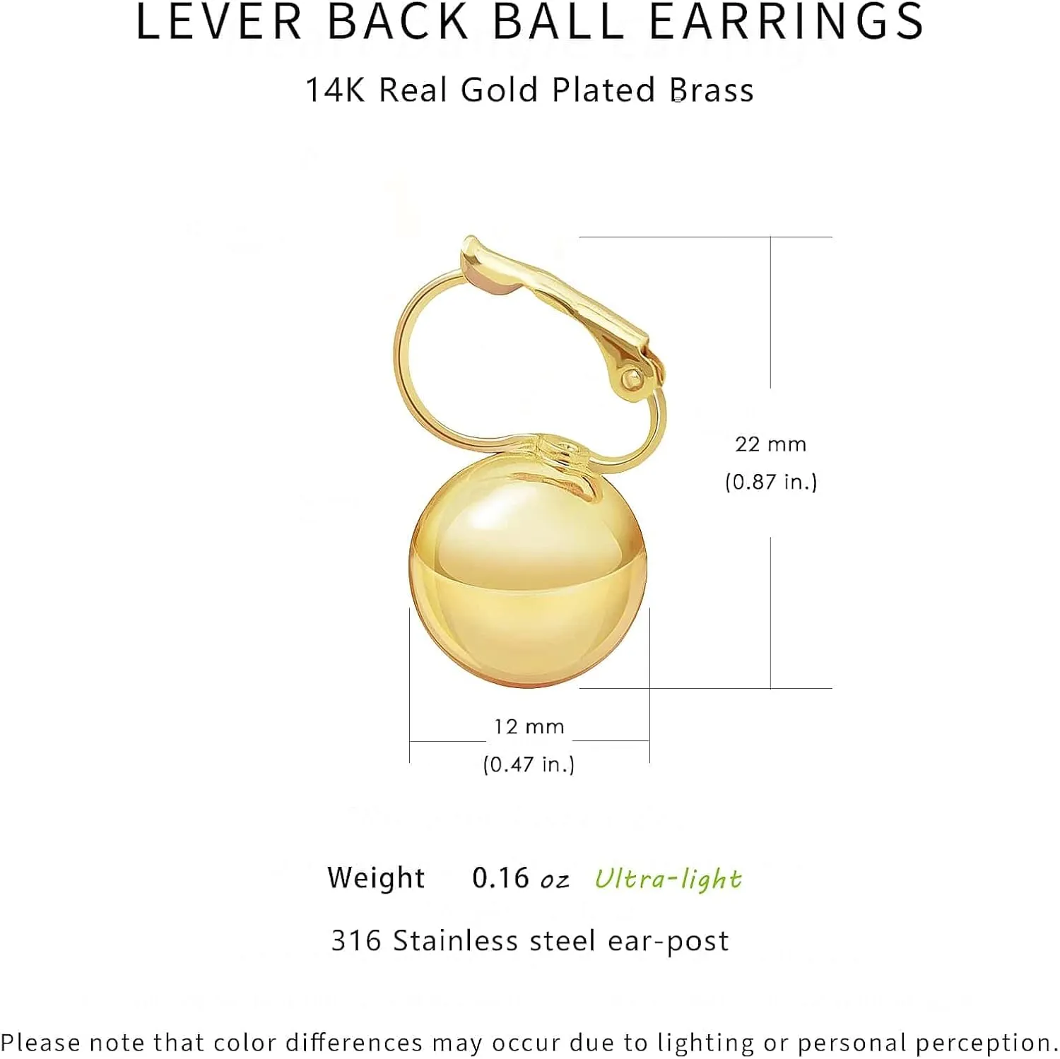 14K Gold Plated Ball Drop Earrings, Hypoallergenic Lightweight Leverback Earrings, Gift for Mom Wife Her by Febsky