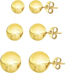14K Gold Plated Ball Stud Earrings Set for Women Men, lightweight Post Earrings, 3 Pairs Pack Gradient Ball Size 4-8mm