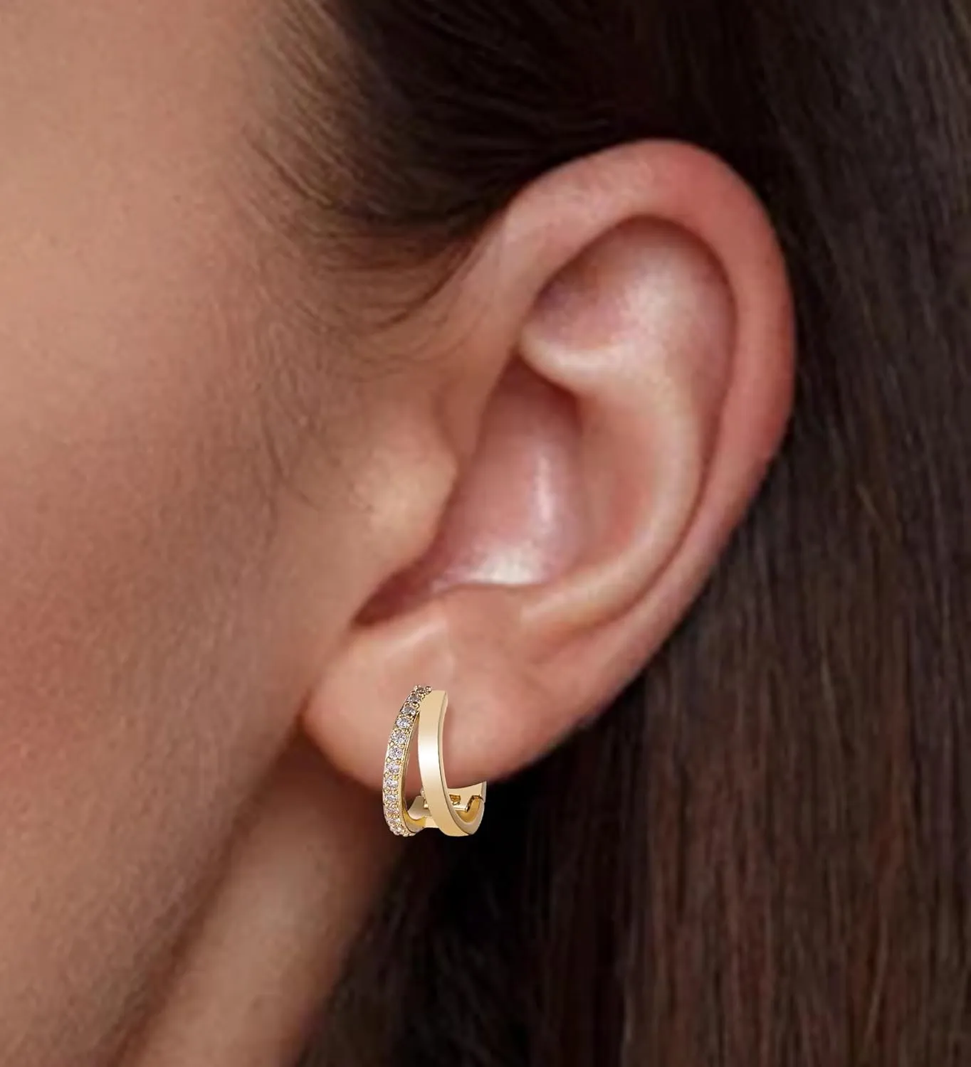 14k Gold Plated CZ Hoop Earrings for Women Hypoallergenic Cubic Zirconia Handmade Double Hoop Earrings Small Huggie Earrings White CZ