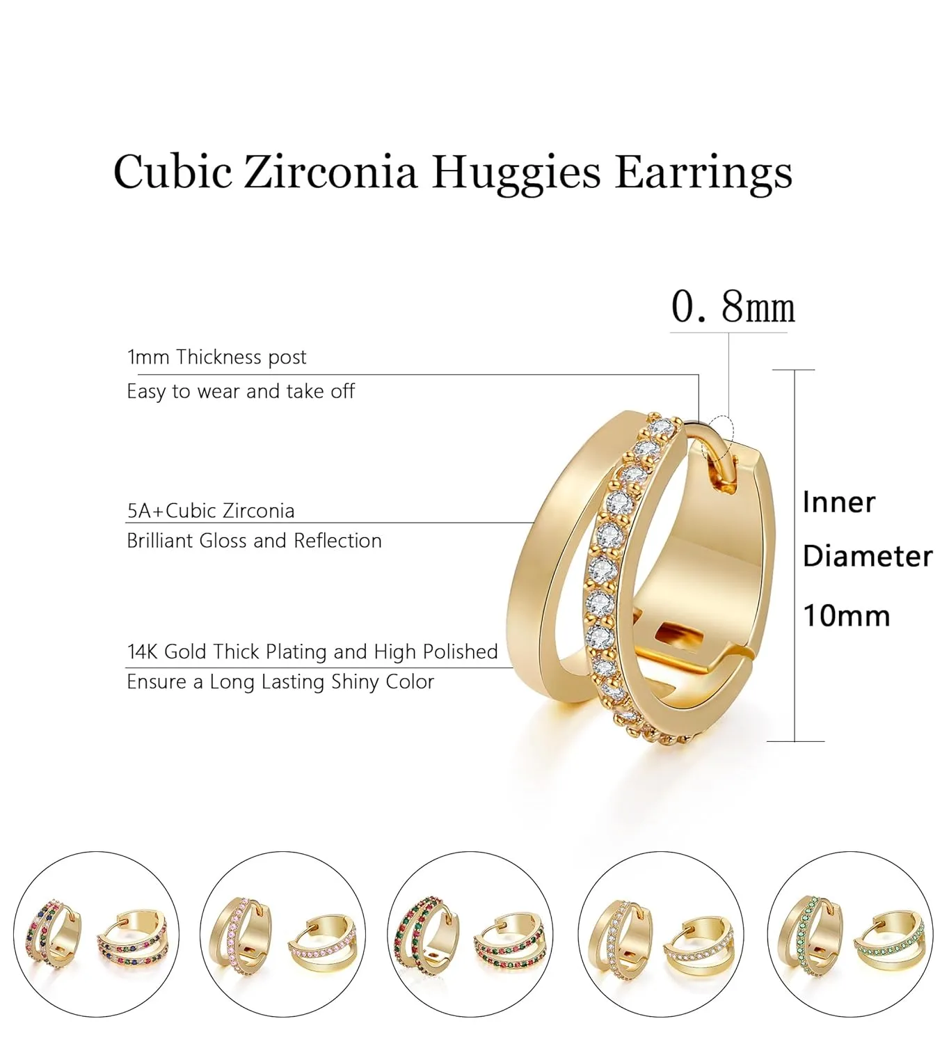 14k Gold Plated CZ Hoop Earrings for Women Hypoallergenic Cubic Zirconia Handmade Double Hoop Earrings Small Huggie Earrings White CZ
