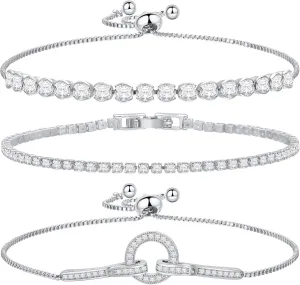 14K Gold Plated Tennis Bracelet Cubic Zirconia Classic Adjustable Bracelet Silver Bracelets for Women Girls Birthday Valentine Mother's Day Jewelry Gift