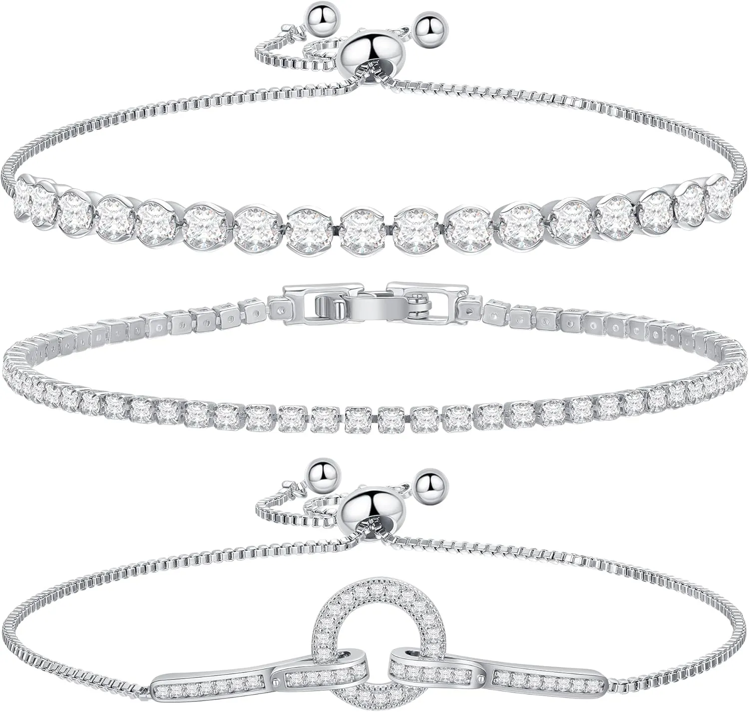 14K Gold Plated Tennis Bracelet Cubic Zirconia Classic Adjustable Bracelet Silver Bracelets for Women Girls Birthday Valentine Mother's Day Jewelry Gift