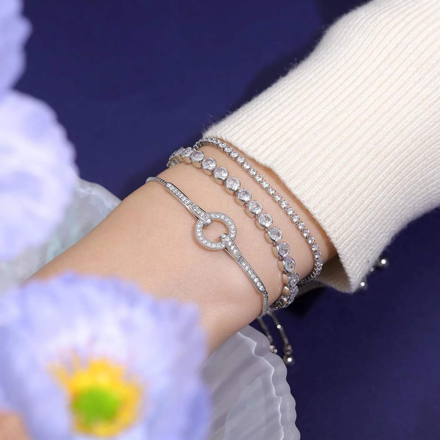 14K Gold Plated Tennis Bracelet Cubic Zirconia Classic Adjustable Bracelet Silver Bracelets for Women Girls Birthday Valentine Mother's Day Jewelry Gift