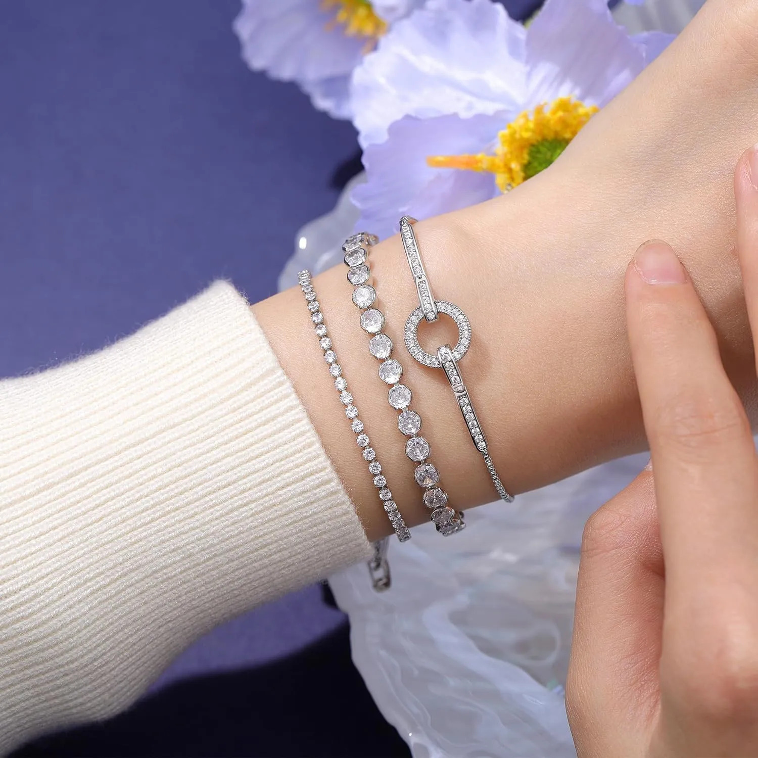 14K Gold Plated Tennis Bracelet Cubic Zirconia Classic Adjustable Bracelet Silver Bracelets for Women Girls Birthday Valentine Mother's Day Jewelry Gift
