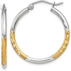 14k Yellow Gold Two Toned 2mm Diamond-cut Hoop Brushed Matte Finish Earrings - 20mm x 2mm