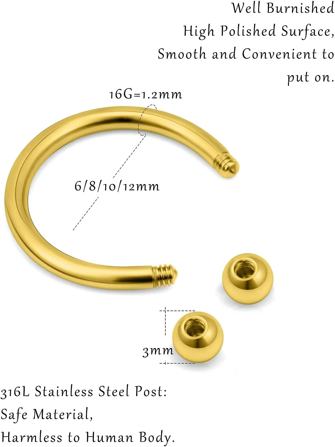 16G Surgical Steel Nose Septum Horseshoe Hoop Earring Eyebrow Tragus Helix Lip Rings Piercing Jewelry