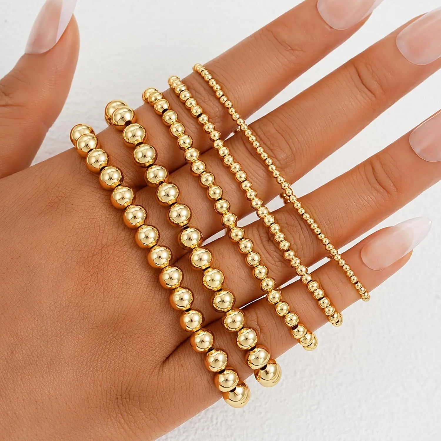 17 MILE 5 Pcs Gold Beaded Bracelet for Women, 14K Gold Plated Stackable Strand Stretch Bead Ball Bracelet Set Stack