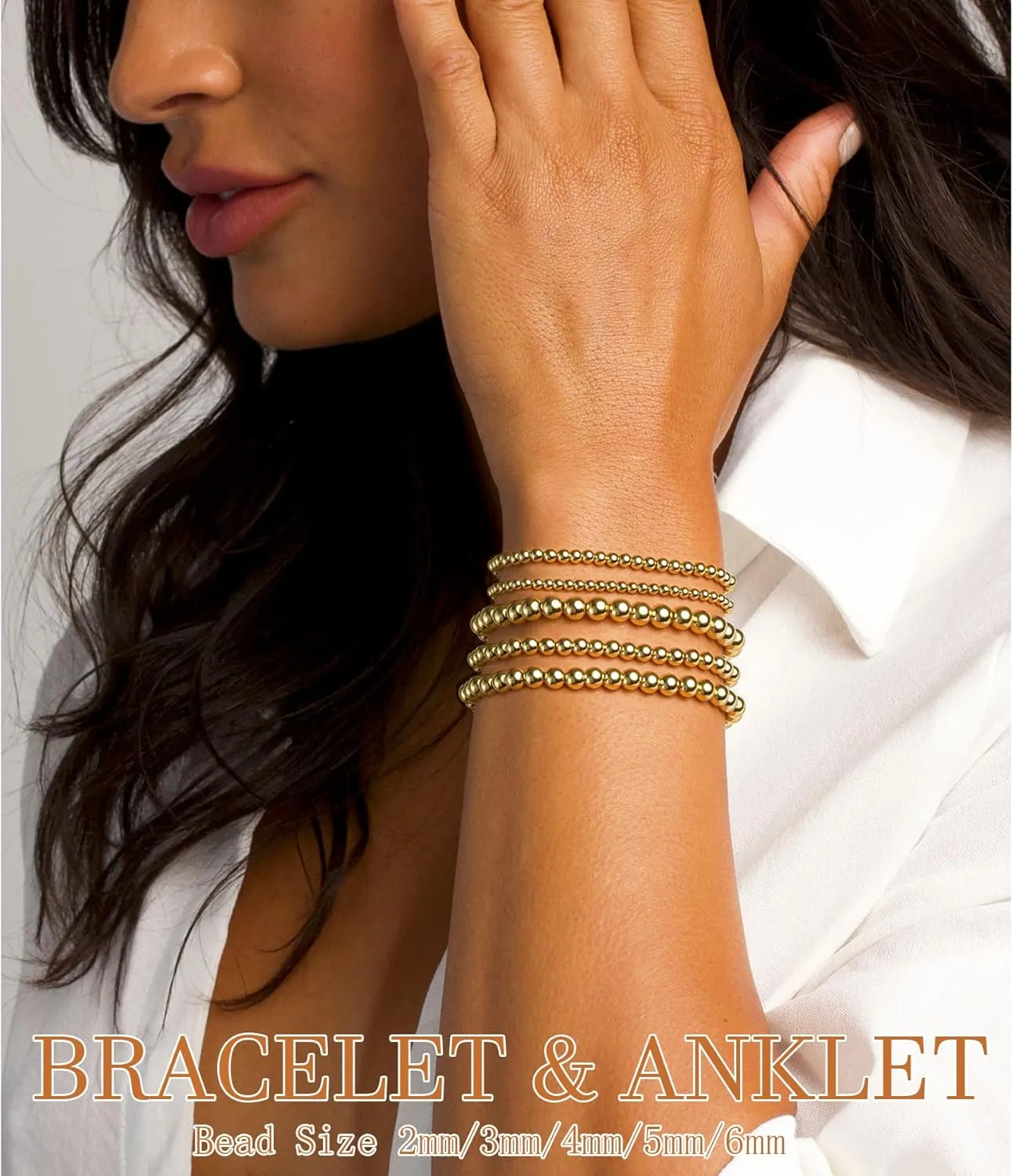 17 MILE 5 Pcs Gold Beaded Bracelet for Women, 14K Gold Plated Stackable Strand Stretch Bead Ball Bracelet Set Stack