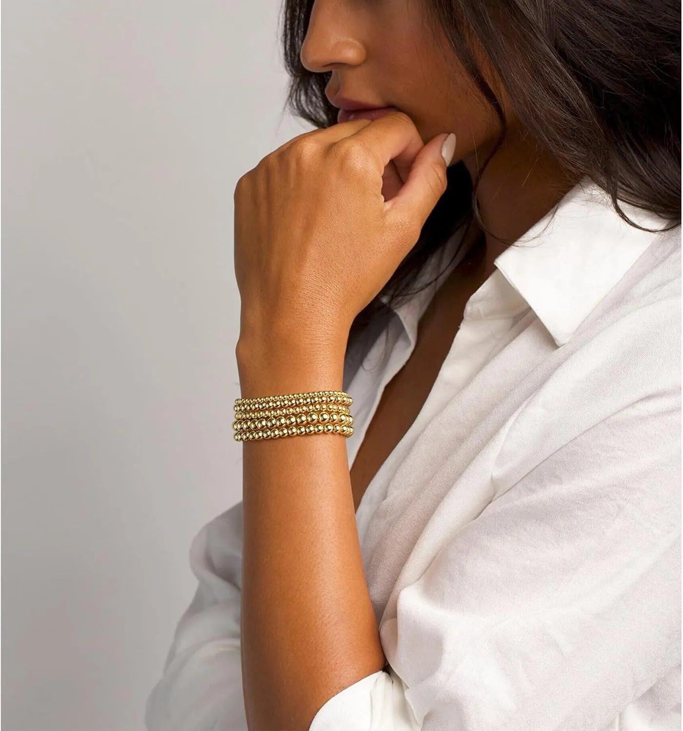17 MILE 5 Pcs Gold Beaded Bracelet for Women, 14K Gold Plated Stackable Strand Stretch Bead Ball Bracelet Set Stack