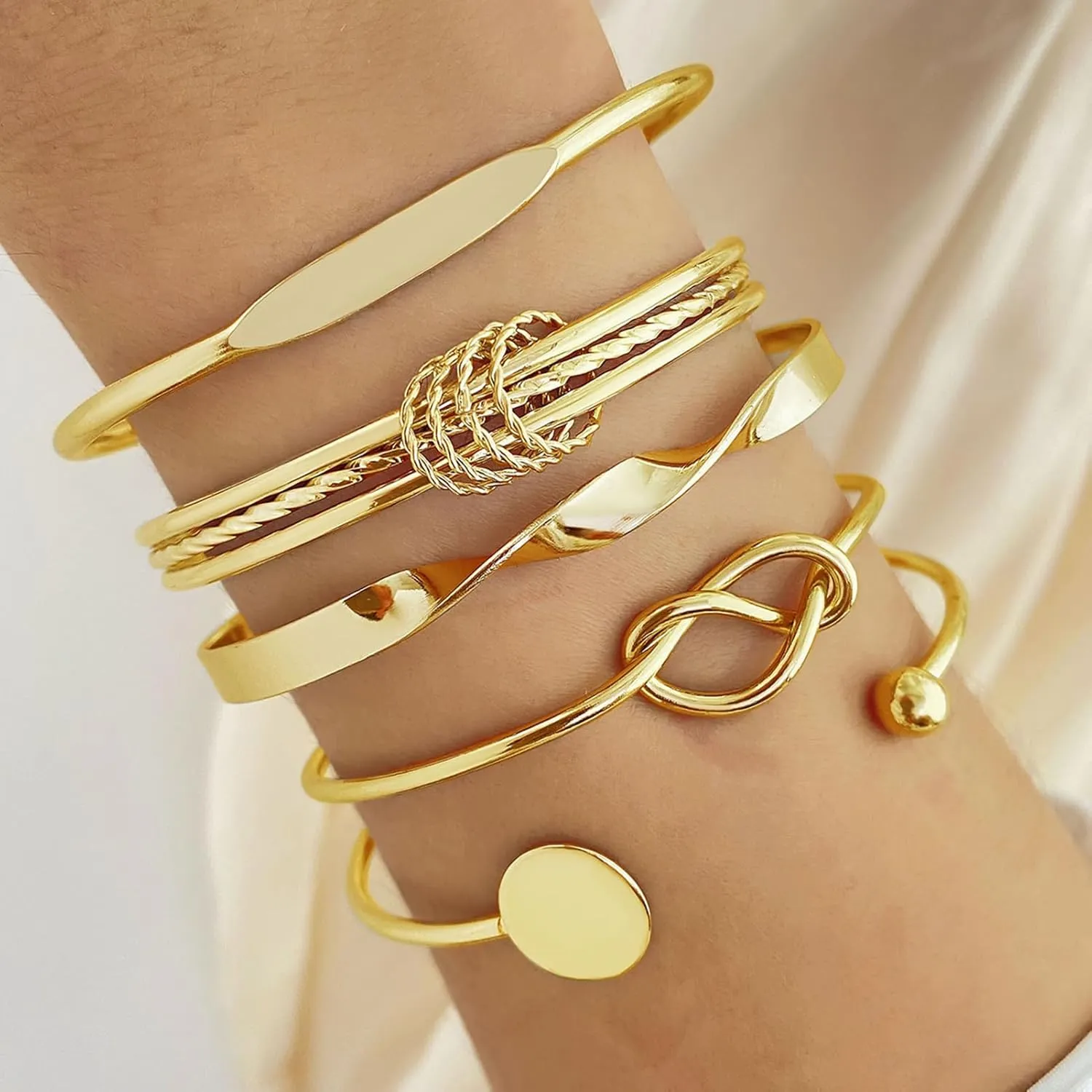 17IF Gold Bangle Bracelet For Women 14k Plated Multi Layer Cuff Bracelets Set Trendy Boho Textured Indian Punk Chunky Cable Smooth Bangles Elegance Stack Minimalist Jewelry Gift
