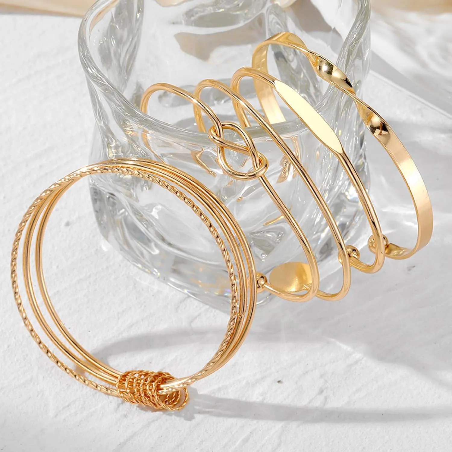 17IF Gold Bangle Bracelet For Women 14k Plated Multi Layer Cuff Bracelets Set Trendy Boho Textured Indian Punk Chunky Cable Smooth Bangles Elegance Stack Minimalist Jewelry Gift