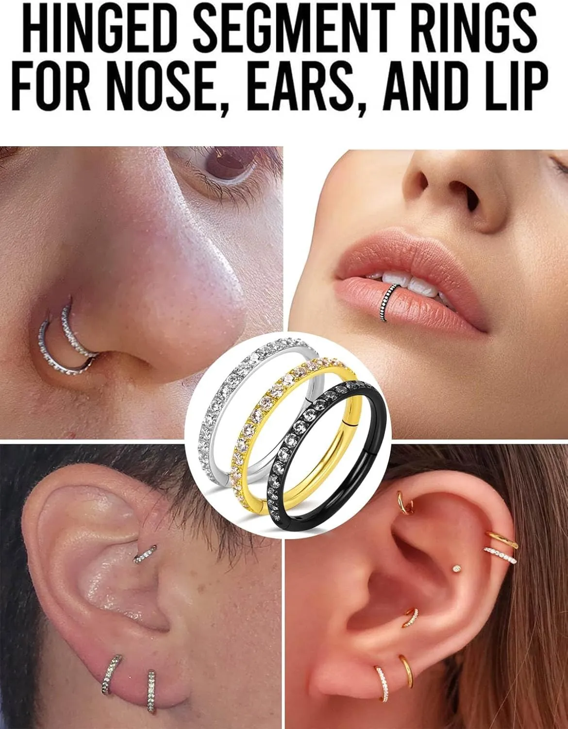 18G 16G Titanium Cartilage Earrings Crystal Nose Hoop for Women Diameter 6mm 8mm 10mm 12mm CZ Helix Conch Daith Rook Tragus Lobe Snug Lip Nostril Rings Body Piercing Jewelry-Silver-Gold-Black