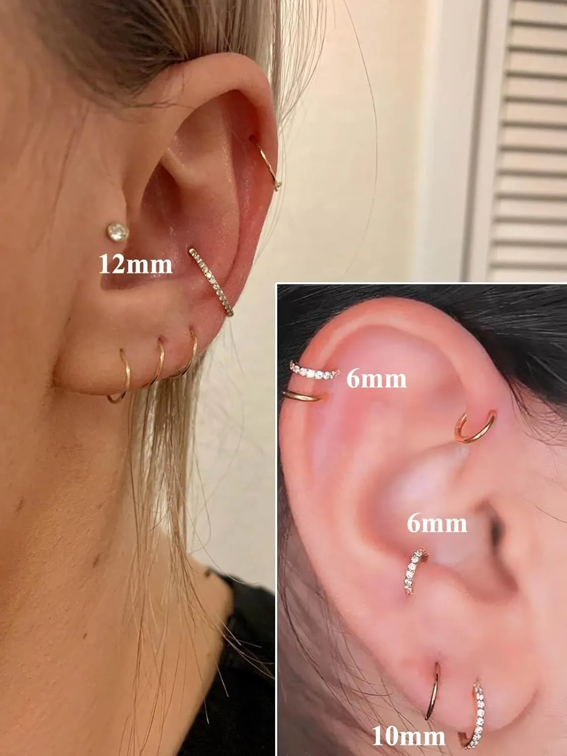 18G 16G Titanium Cartilage Earrings Crystal Nose Hoop for Women Diameter 6mm 8mm 10mm 12mm CZ Helix Conch Daith Rook Tragus Lobe Snug Lip Nostril Rings Body Piercing Jewelry-Silver-Gold-Black