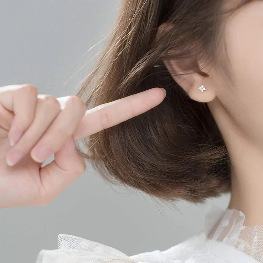 18G Cubic Zirconia Mini Flower Stud Earrings S925 Sterling Silver Fashion CZ Crystal Cartilage Ball Earring Screw Back Helix Tragus Piercing Jewelry for Women Hypoallergenic