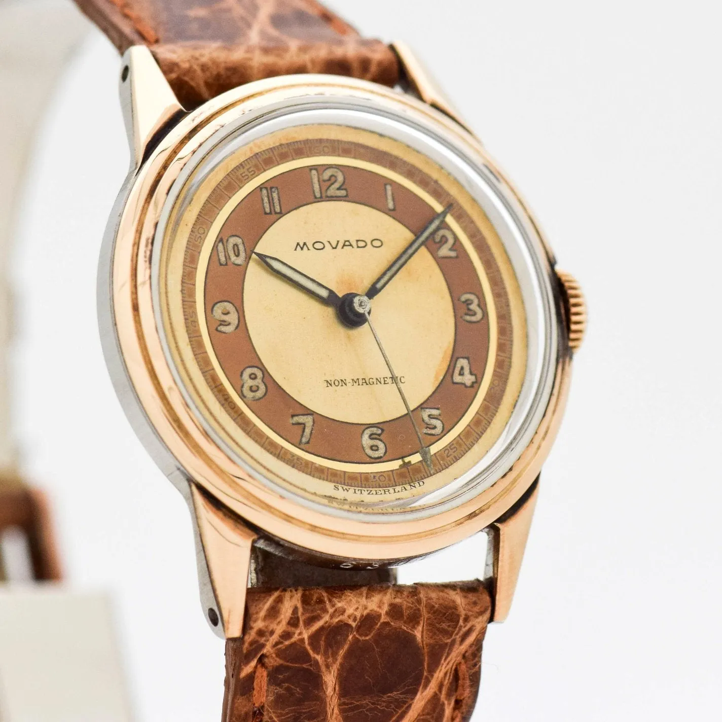 1950's Vintage Movado Two-Tone Dial 14K Rose Gold & Stainless Steel Watch (# 14501)