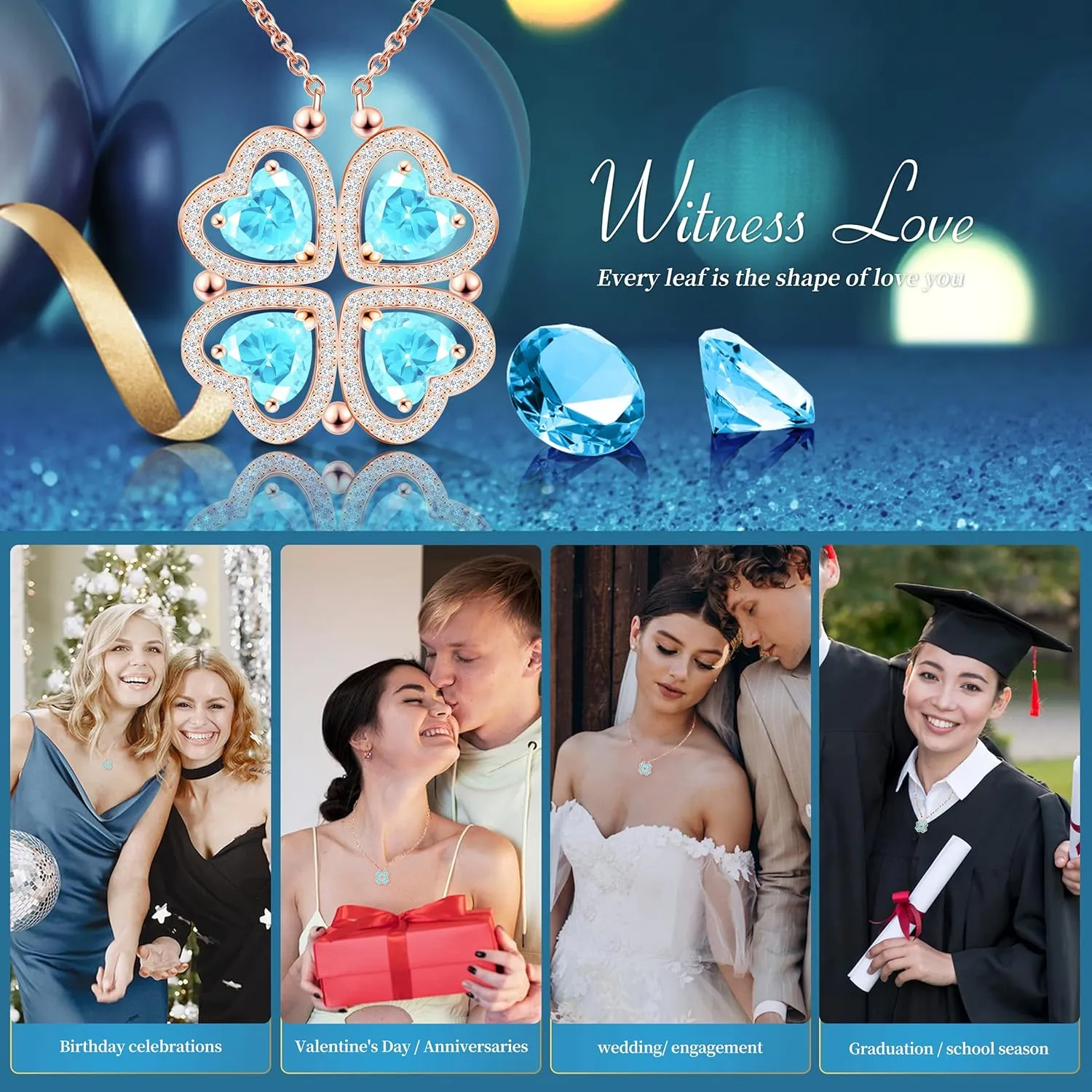 2 IN 1 Lucky Four Leaf Clover Necklaces for Women, Shamrock CZ Birthstone folding Heart Necklace, Extendable & Foldable Jewelry Gifts