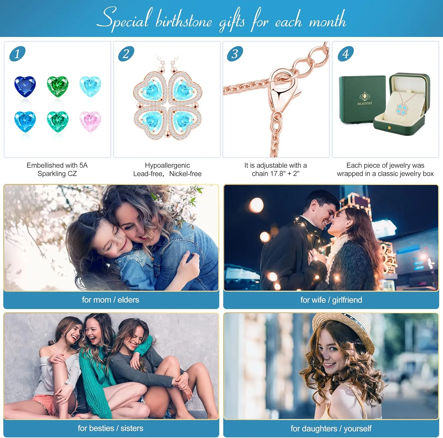 2 IN 1 Lucky Four Leaf Clover Necklaces for Women, Shamrock CZ Birthstone folding Heart Necklace, Extendable & Foldable Jewelry Gifts