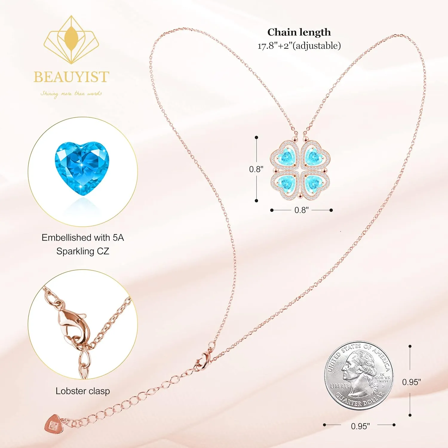 2 IN 1 Lucky Four Leaf Clover Necklaces for Women, Shamrock CZ Birthstone folding Heart Necklace, Extendable & Foldable Jewelry Gifts
