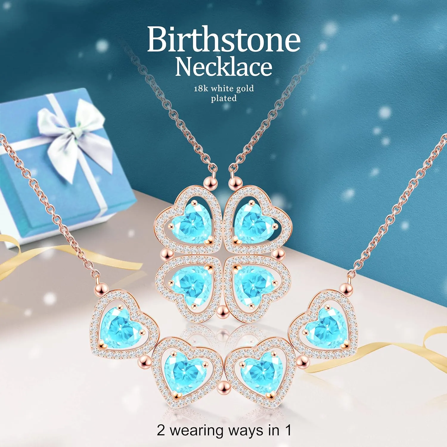 2 IN 1 Lucky Four Leaf Clover Necklaces for Women, Shamrock CZ Birthstone folding Heart Necklace, Extendable & Foldable Jewelry Gifts