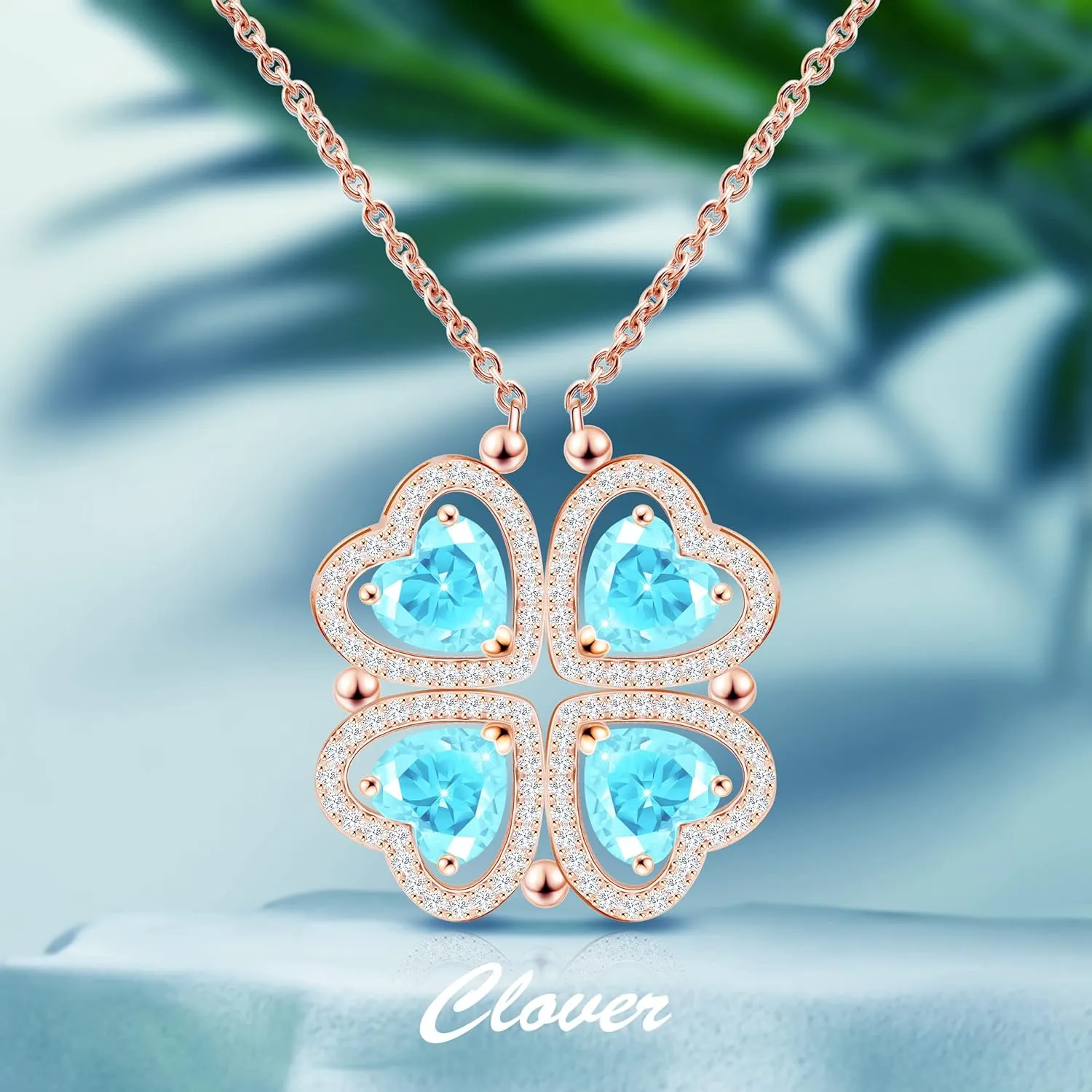 2 IN 1 Lucky Four Leaf Clover Necklaces for Women, Shamrock CZ Birthstone folding Heart Necklace, Extendable & Foldable Jewelry Gifts
