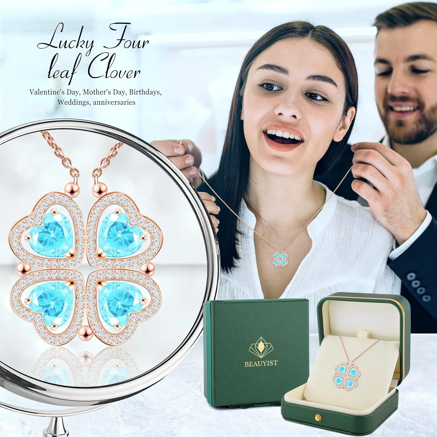 2 IN 1 Lucky Four Leaf Clover Necklaces for Women, Shamrock CZ Birthstone folding Heart Necklace, Extendable & Foldable Jewelry Gifts