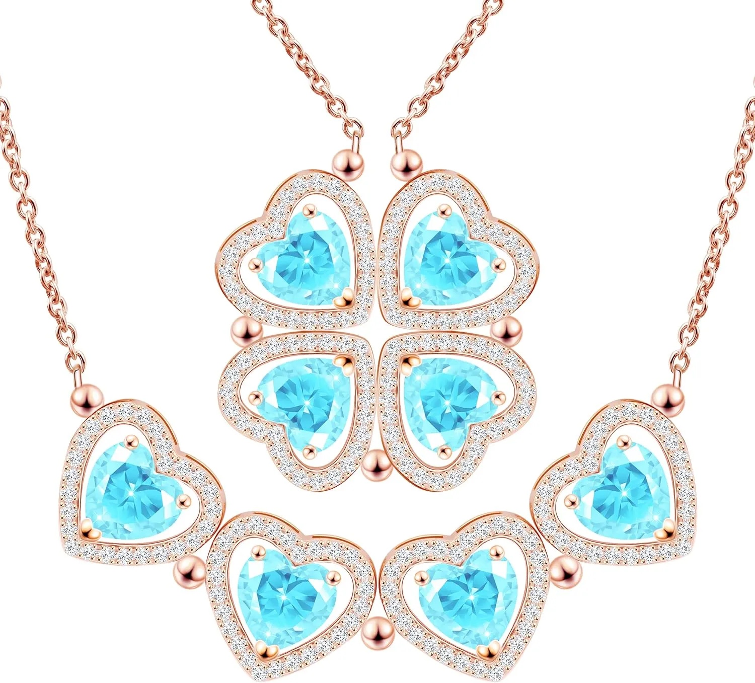 2 IN 1 Lucky Four Leaf Clover Necklaces for Women, Shamrock CZ Birthstone folding Heart Necklace, Extendable & Foldable Jewelry Gifts