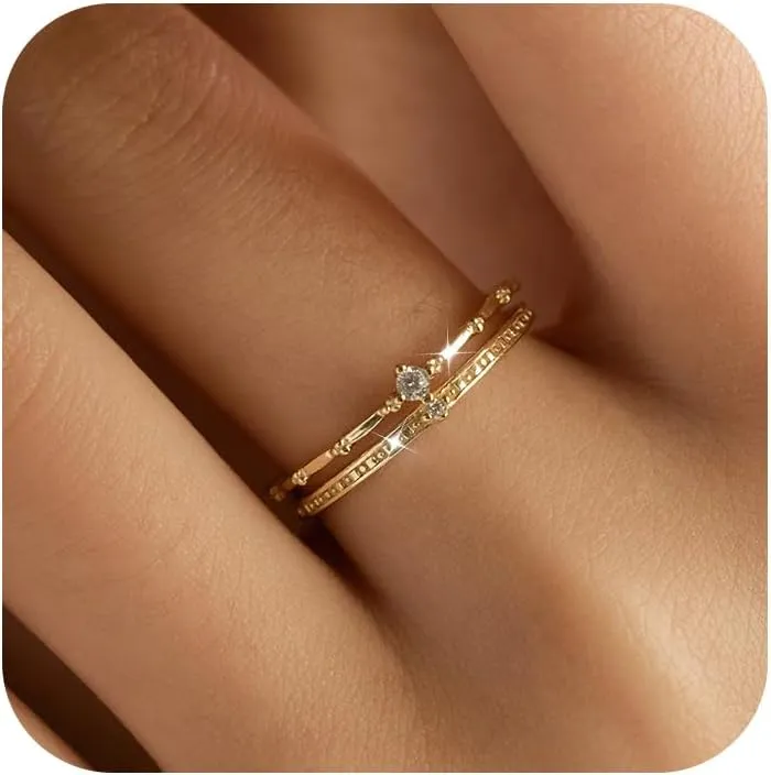 2 Layered Crown Rings for Women 925 Sterling Silver 14K Gold Plated Dainty Stackable Ring Cubic Zirconia Ring Engagement Eternity Wedding Band Jewelry Birthday Graduation Gifts
