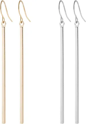 2 Pairs Minimalist Vertical Long Bar Earrings Gold Silver Plated Drop Line Dangle Geometric Jewelry for Women Set