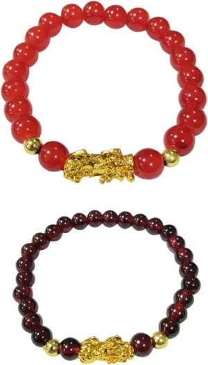 2 Pcs Feng Shui Good Luck Bracelets for Men Women, Wealth Prosperity Charm Bracelet with Golden Pi Xiu Pi Yao, Attract Good Luck and Wealth(6mm, 8mm)